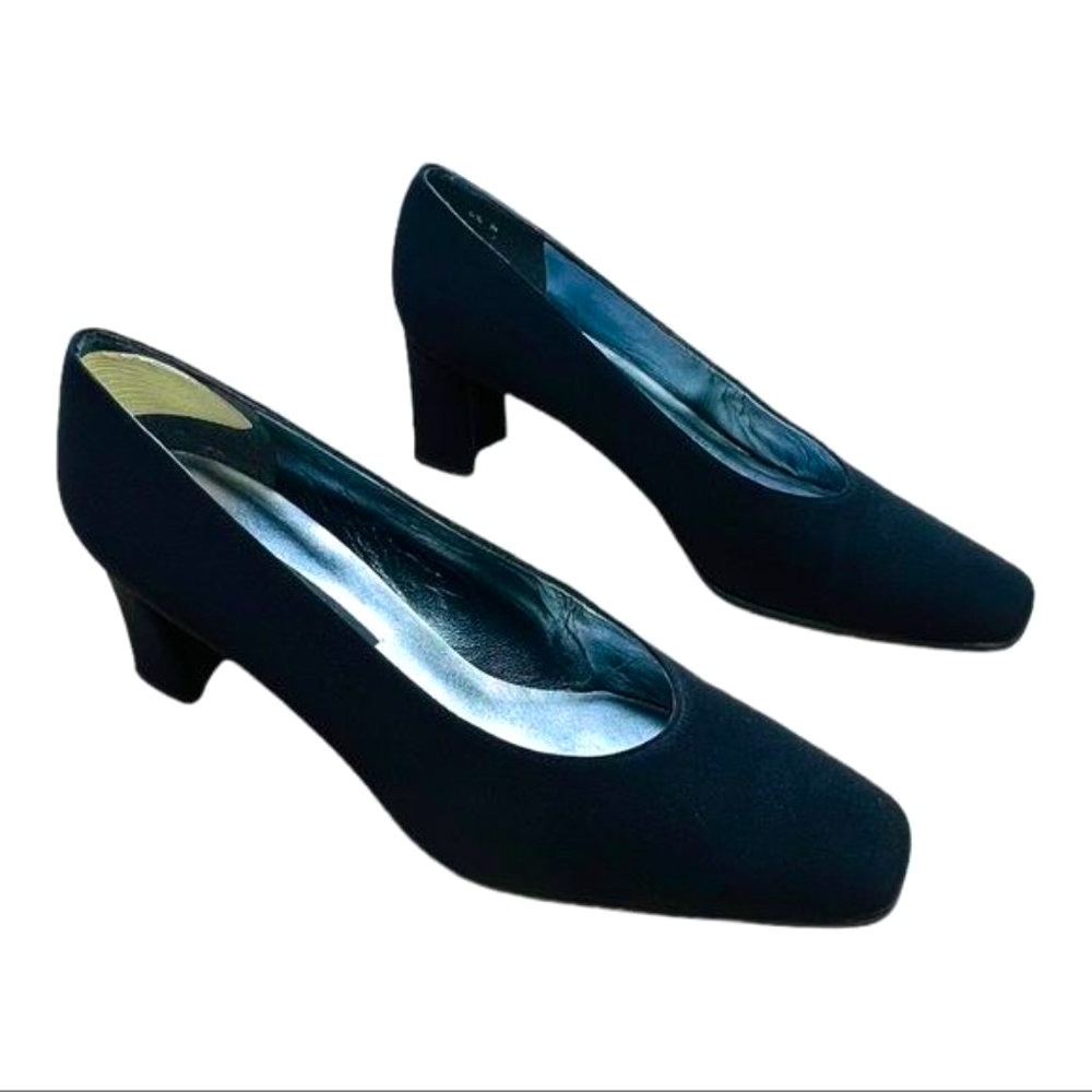 Vintage Stuart Weitzman Anna Womens Black Canvas Block Heel Pumps Size 9.5N EUC